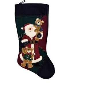 Vintage Santa & Bears Felt Christmas Stocking 18" Holiday Decor
